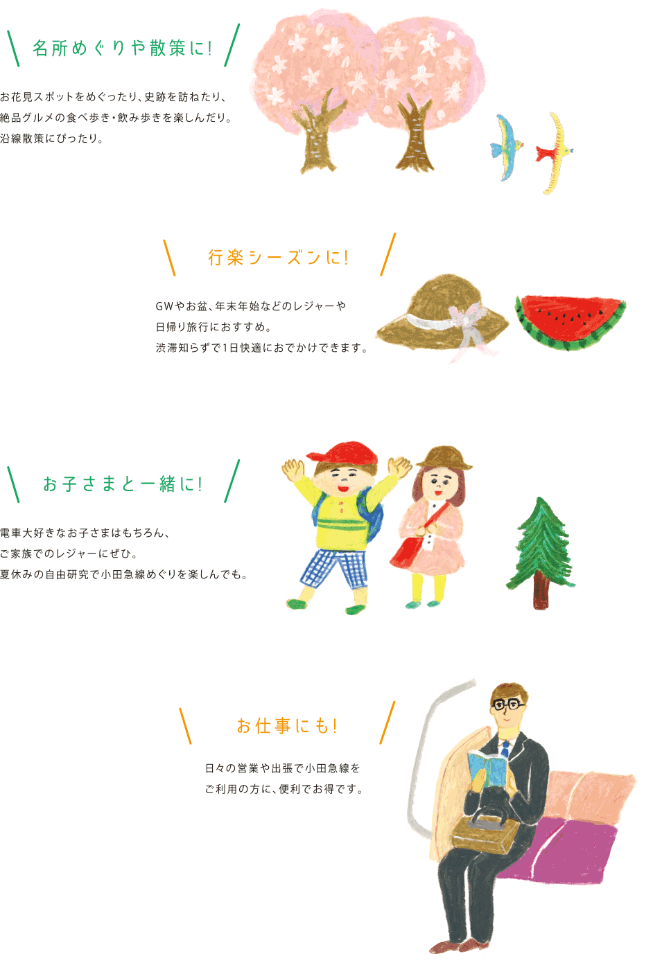 名所めぐりや散策に!お花見スポットをめぐったり、史跡を訪ねたり、絶品グルメの食べ歩き・飲み歩きを楽しんだり。沿線散策にぴったり。行楽シーズンに!GWやお盆、年末年始などのレジャーや日帰り旅行におすすめ。渋滞知らずで1日快適におでかけできます。お子さまと一緒に!電車大好きなお子さまはもちろん、ご家族でのレジャーにぜひ。夏休みの自由研究で小田急線めぐりを楽しんでも。お仕事にも!日々の営業や出張で小田急線をご利用の方に、便利でお得です。